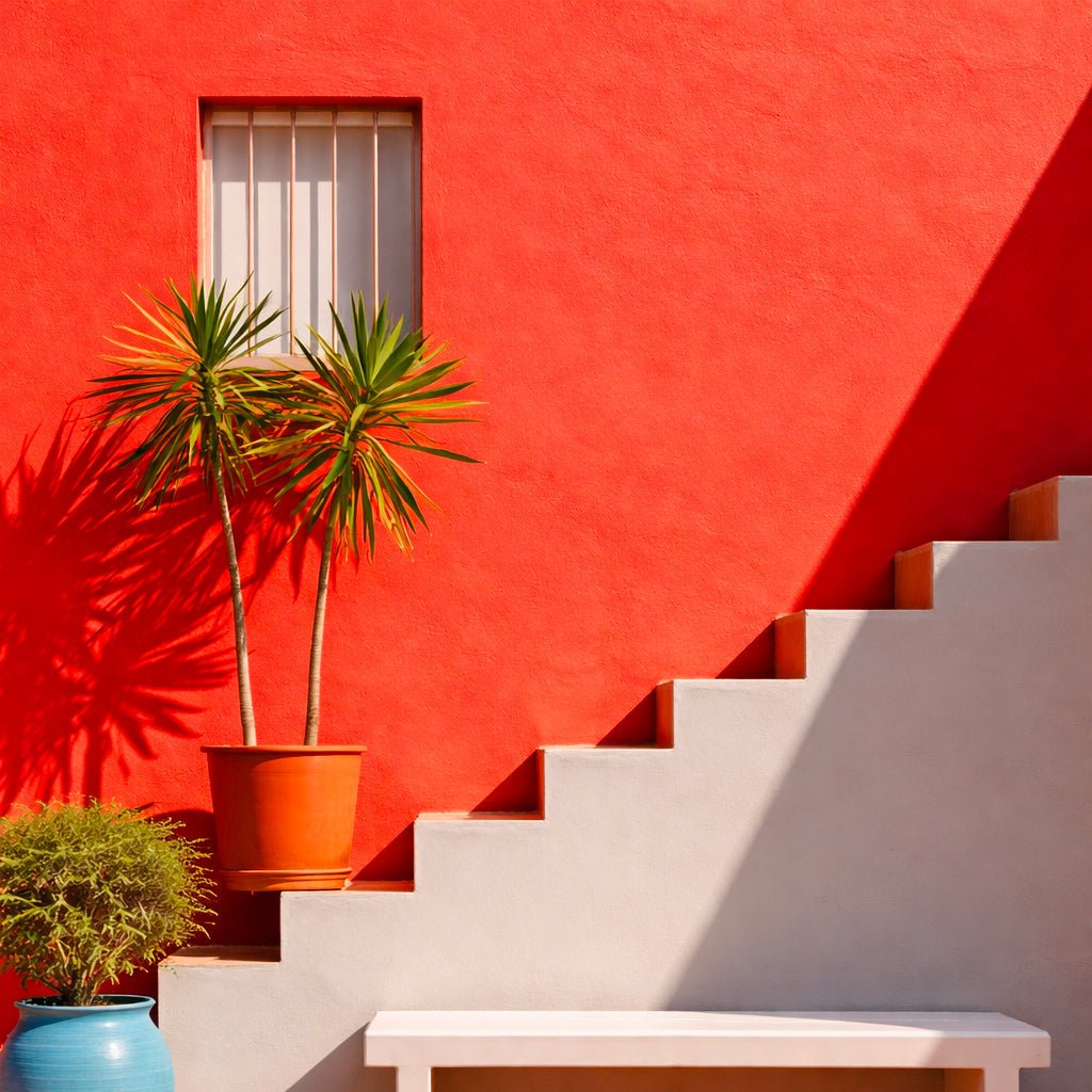 Peinture olona peinture orange medina sur un mur exterieur en haut d'un escalier